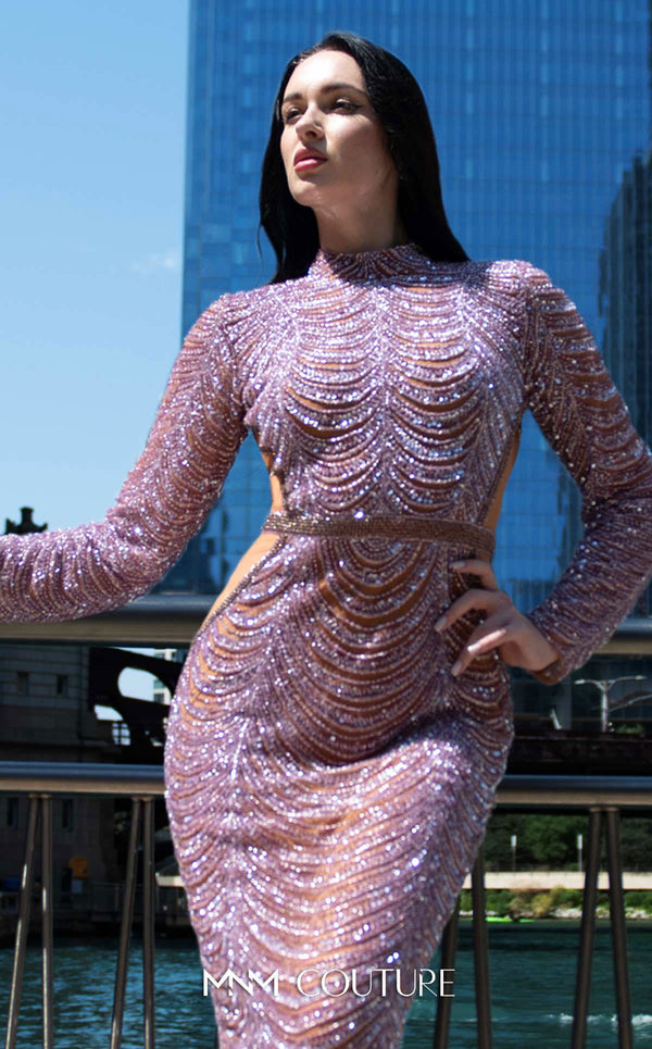 Discover unparalleled elegance with MNM Couture M1125 gown's beaded belt and stunning open back, perfect for making a grand entrance | Couture Shop LA