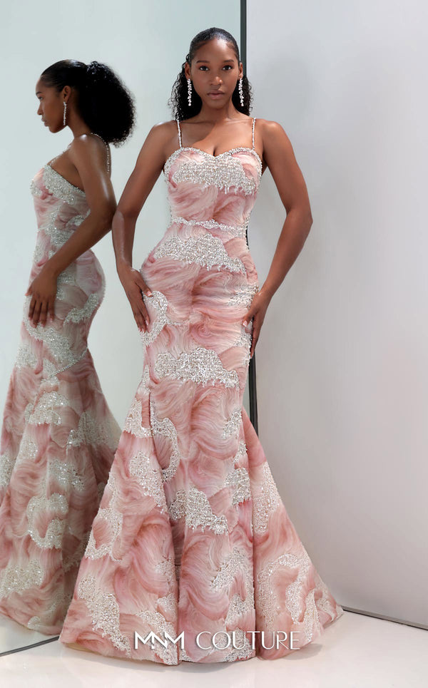 MNM Couture Style M1133 mermaid gown with strapless sweetheart neckline, 3D embroidered wave tulle, intricate beadwork, fit-and-flare silhouette, and flowing train.| Couture Shop LA
