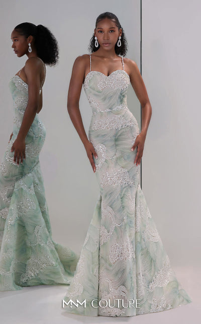MNM Couture Style M1133 mermaid gown with strapless sweetheart neckline, 3D embroidered wave tulle, intricate beadwork, fit-and-flare silhouette, and flowing train.| Couture Shop LA