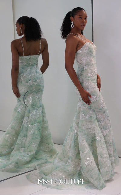 MNM Couture Style M1133 mermaid gown with strapless sweetheart neckline, 3D embroidered wave tulle, intricate beadwork, fit-and-flare silhouette, and flowing train.| Couture Shop LA