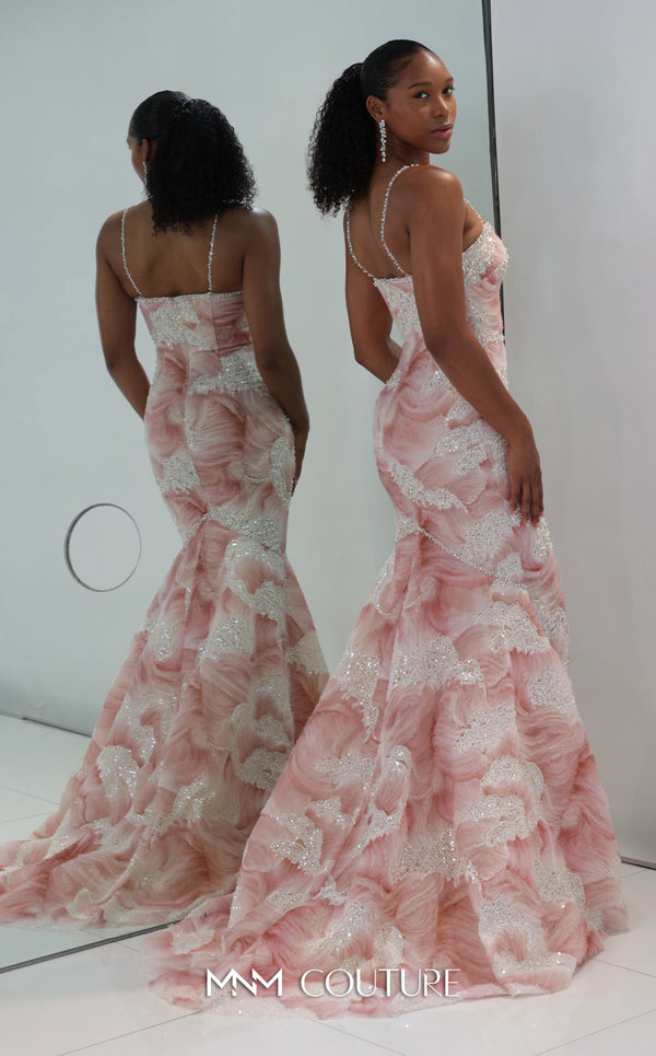 MNM Couture Style M1133 mermaid gown with strapless sweetheart neckline, 3D embroidered wave tulle, intricate beadwork, fit-and-flare silhouette, and flowing train.| Couture Shop LA