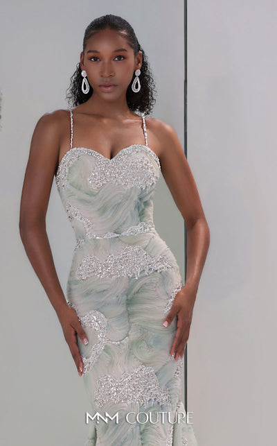 MNM Couture Style M1133 mermaid gown with strapless sweetheart neckline, 3D embroidered wave tulle, intricate beadwork, fit-and-flare silhouette, and flowing train.| Couture Shop LA