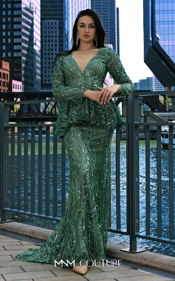 Elegant MNM Couture M1140 Sequined Mermaid Dress featuring an illusion deep V neckline and sequins. | Couture Shop LA