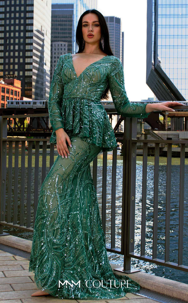 Elegant MNM Couture M1140 Sequined Mermaid Dress featuring an illusion deep V neckline and sequins. | Couture Shop LA