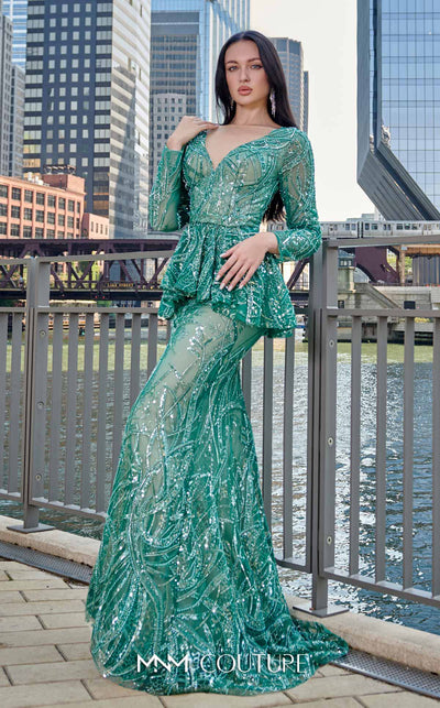 Elegant MNM Couture M1140 Sequined Mermaid Dress featuring an illusion deep V neckline and sequins. | Couture Shop LA