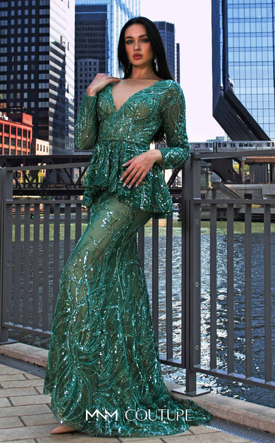Elegant MNM Couture M1140 Sequined Mermaid Dress featuring an illusion deep V neckline and sequins. | Couture Shop LA
