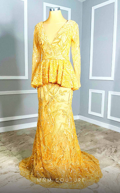Elegant MNM Couture M1140 Sequined Mermaid Dress featuring an illusion deep V neckline and sequins. | Couture Shop LA