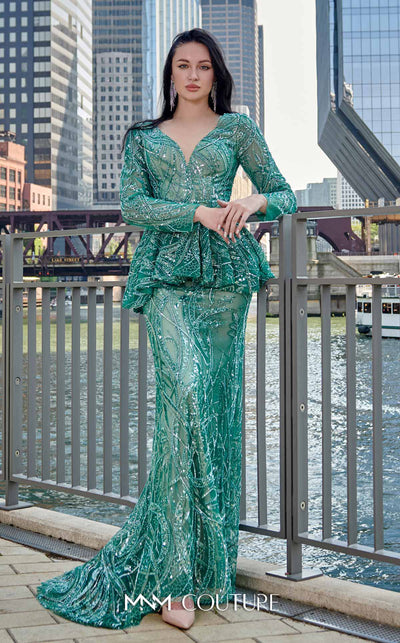 Elegant MNM Couture M1140 Sequined Mermaid Dress featuring an illusion deep V neckline and sequins. | Couture Shop LA