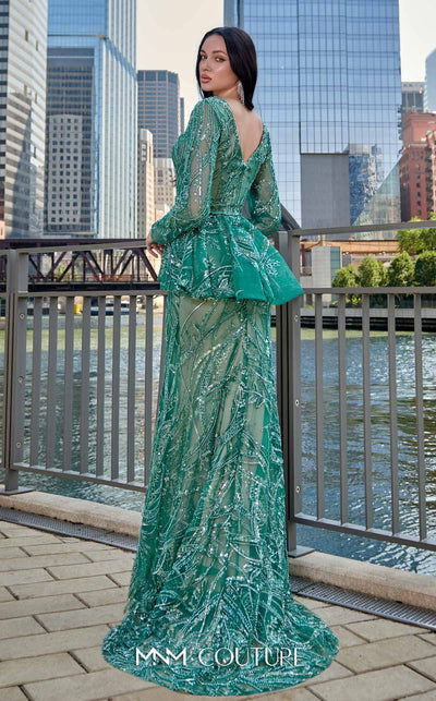 Elegant MNM Couture M1140 Sequined Mermaid Dress featuring an illusion deep V neckline and sequins. | Couture Shop LA