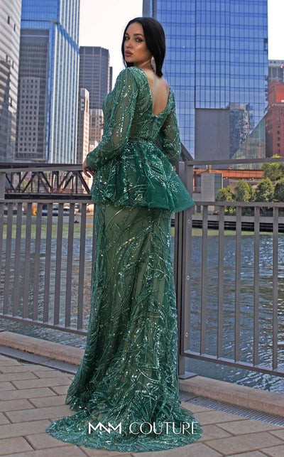Elegant MNM Couture M1140 Sequined Mermaid Dress featuring an illusion deep V neckline and sequins. | Couture Shop LA