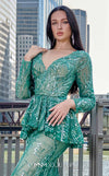 Elegant MNM Couture M1140 Sequined Mermaid Dress featuring an illusion deep V neckline and sequins. | Couture Shop LA