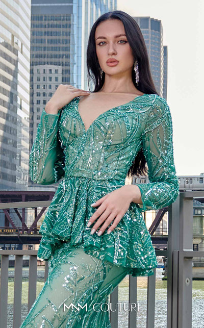 Elegant MNM Couture M1140 Sequined Mermaid Dress featuring an illusion deep V neckline and sequins. | Couture Shop LA