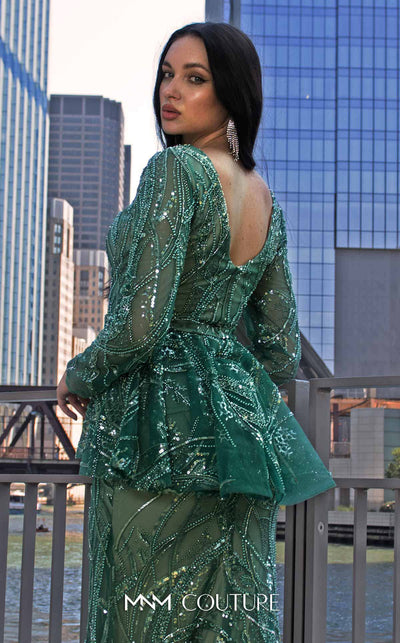 Elegant MNM Couture M1140 Sequined Mermaid Dress featuring an illusion deep V neckline and sequins. | Couture Shop LA