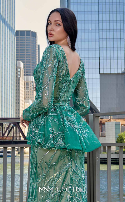 Elegant MNM Couture M1140 Sequined Mermaid Dress featuring an illusion deep V neckline and sequins. | Couture Shop LA