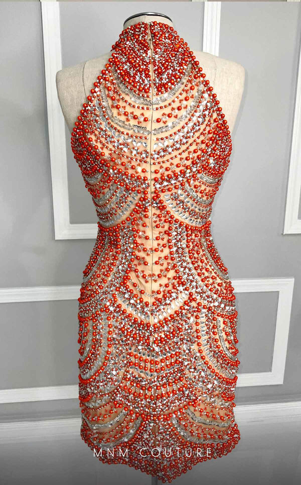 MNM Couture M1143 tulle dress, a short bodycon with halter neckline, sleeveless design, and beaded embellishments. | Couture Shop LA