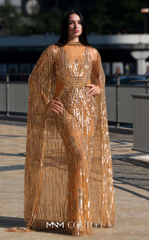 A stunning portrayal of the MNM Couture M1145 dress in full glory, showcasing the intricate details and elegant silhouette. | Couture Shop LA