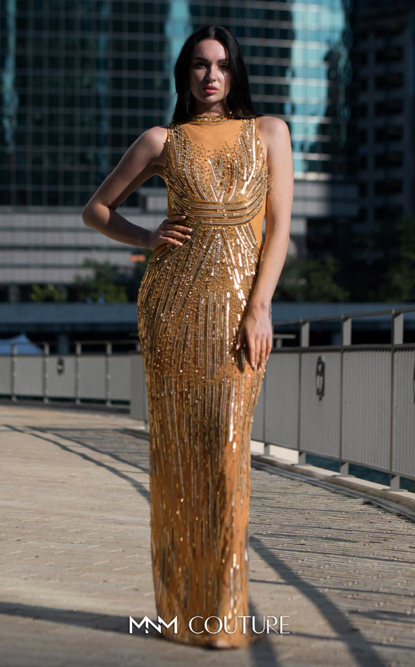 A stunning portrayal of the MNM Couture M1145 dress in full glory, showcasing the intricate details and elegant silhouette. | Couture Shop LA