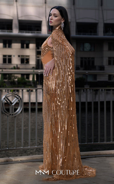 A stunning portrayal of the MNM Couture M1145 dress in full glory, showcasing the intricate details and elegant silhouette. | Couture Shop LA