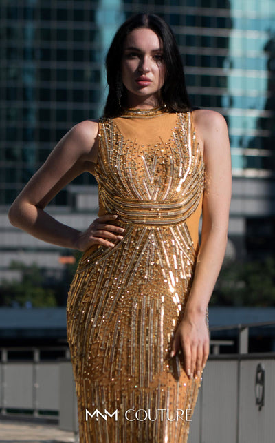 A stunning portrayal of the MNM Couture M1145 dress in full glory, showcasing the intricate details and elegant silhouette. | Couture Shop LA