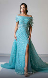 MNM Couture M1150 aqua embroidered lace column dress with detachable skirt and off-shoulder neckline. | Couture Shop LA