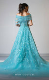 MNM Couture M1150 aqua embroidered lace column dress with detachable skirt and off-shoulder neckline. | Couture Shop LA