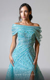 MNM Couture M1150 aqua embroidered lace column dress with detachable skirt and off-shoulder neckline. | Couture Shop LA