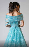 MNM Couture M1150 aqua embroidered lace column dress with detachable skirt and off-shoulder neckline. | Couture Shop LA