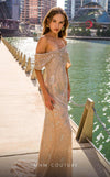 MNM Couture M1168 Beige Embroidered Tulle Dress showcasing cap off-shoulder sleeves and an asymmetric design, perfect for elegant occasions. | Couture Shop LA