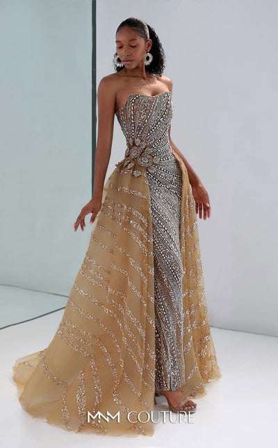 MNM Couture M1186 showcasing a sleeveless, form-fitting mermaid gown fully embellished with sequins, beads, and diamonds, featuring a deep illusion U-neckline. | Couture Shop LA
