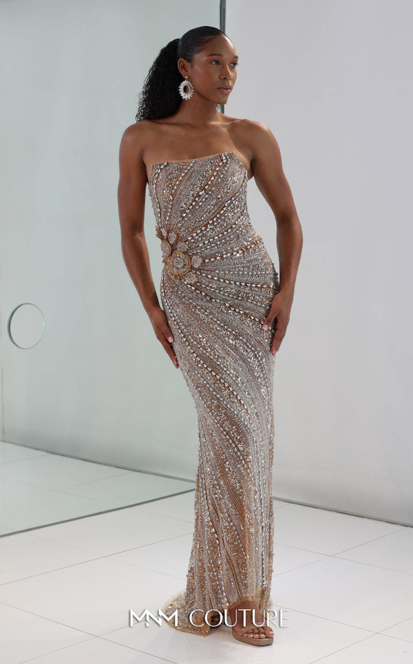 MNM Couture M1186 showcasing a sleeveless, form-fitting mermaid gown fully embellished with sequins, beads, and diamonds, featuring a deep illusion U-neckline. | Couture Shop LA