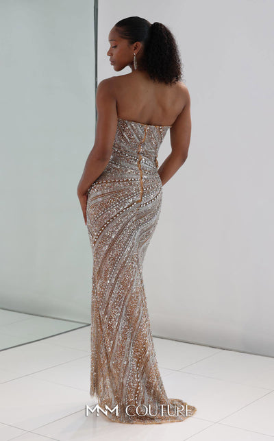 MNM Couture M1186 showcasing a sleeveless, form-fitting mermaid gown fully embellished with sequins, beads, and diamonds, featuring a deep illusion U-neckline. | Couture Shop LA