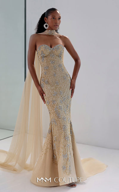 MNM Couture M1188 embroidered tulle mermaid gown with golden details, 3D floral appliqu�s, sweetheart neckline, and a sheer cape. | Couture Shop LA