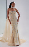 MNM Couture M1188 embroidered tulle mermaid gown with golden details, 3D floral appliqu�s, sweetheart neckline, and a sheer cape. | Couture Shop LA