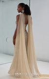 MNM Couture M1188 embroidered tulle mermaid gown with golden details, 3D floral appliqu�s, sweetheart neckline, and a sheer cape. | Couture Shop LA
