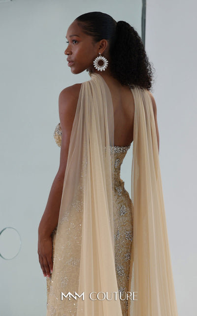 MNM Couture M1188 embroidered tulle mermaid gown with golden details, 3D floral appliqu�s, sweetheart neckline, and a sheer cape. | Couture Shop LA