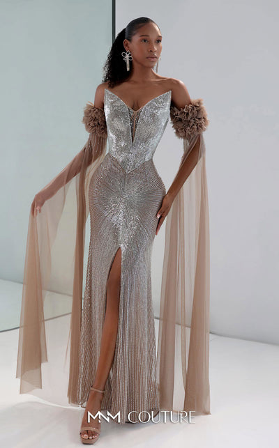 MNM Couture M1190 showcasing a fit-and-flare mermaid gown with a sweetheart neckline and removable long sleeves featuring laser-cut floral and bead details. | Couture Shop LA