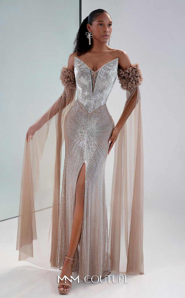 MNM Couture M1190 showcasing a fit-and-flare mermaid gown with a sweetheart neckline and removable long sleeves featuring laser-cut floral and bead details. | Couture Shop LA