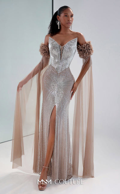 MNM Couture M1190 showcasing a fit-and-flare mermaid gown with a sweetheart neckline and removable long sleeves featuring laser-cut floral and bead details. | Couture Shop LA