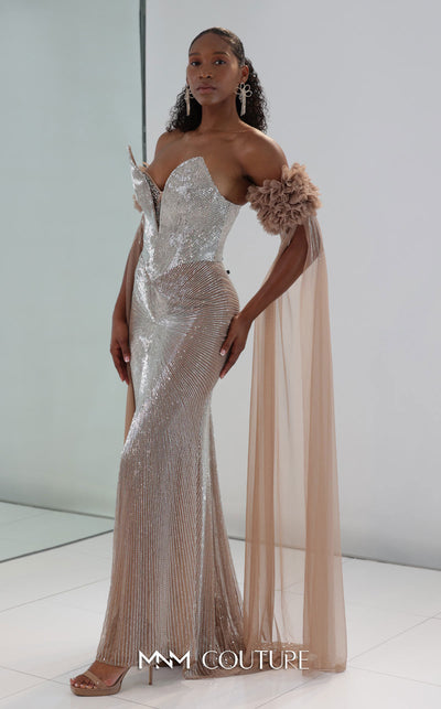 MNM Couture M1190 showcasing a fit-and-flare mermaid gown with a sweetheart neckline and removable long sleeves featuring laser-cut floral and bead details. | Couture Shop LA