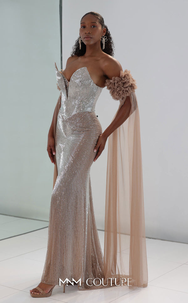 MNM Couture M1190 showcasing a fit-and-flare mermaid gown with a sweetheart neckline and removable long sleeves featuring laser-cut floral and bead details. | Couture Shop LA