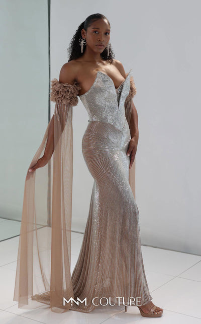 MNM Couture M1190 showcasing a fit-and-flare mermaid gown with a sweetheart neckline and removable long sleeves featuring laser-cut floral and bead details. | Couture Shop LA