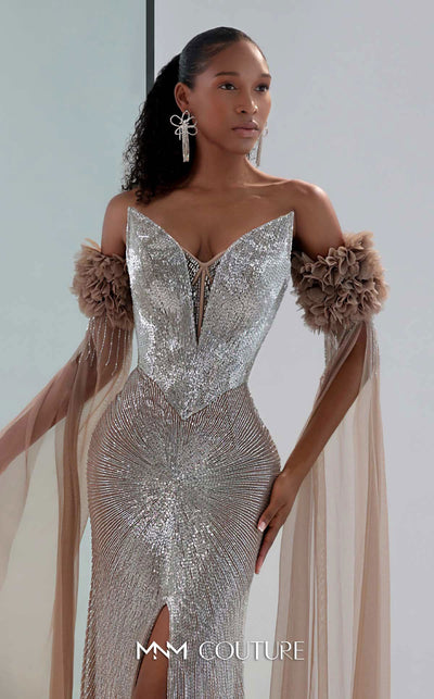 MNM Couture M1190 showcasing a fit-and-flare mermaid gown with a sweetheart neckline and removable long sleeves featuring laser-cut floral and bead details. | Couture Shop LA