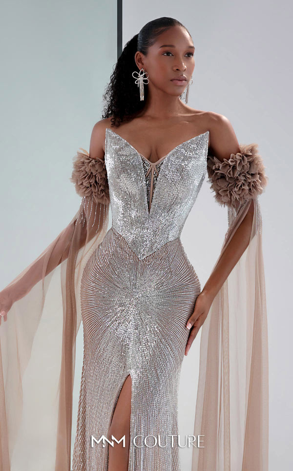 MNM Couture M1190 showcasing a fit-and-flare mermaid gown with a sweetheart neckline and removable long sleeves featuring laser-cut floral and bead details. | Couture Shop LA
