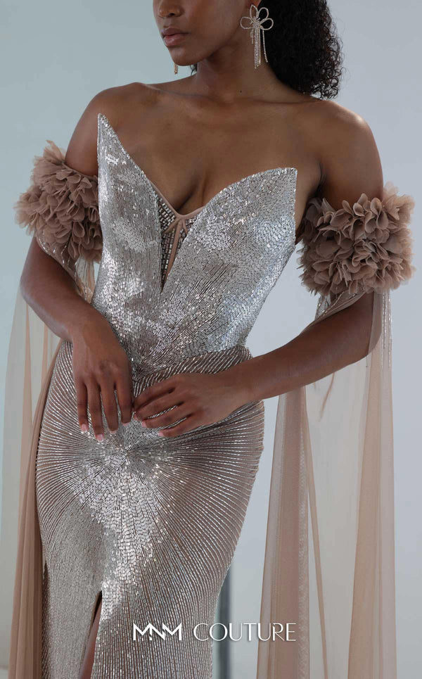 MNM Couture M1190 showcasing a fit-and-flare mermaid gown with a sweetheart neckline and removable long sleeves featuring laser-cut floral and bead details. | Couture Shop LA