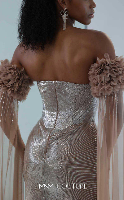 MNM Couture M1190 showcasing a fit-and-flare mermaid gown with a sweetheart neckline and removable long sleeves featuring laser-cut floral and bead details. | Couture Shop LA