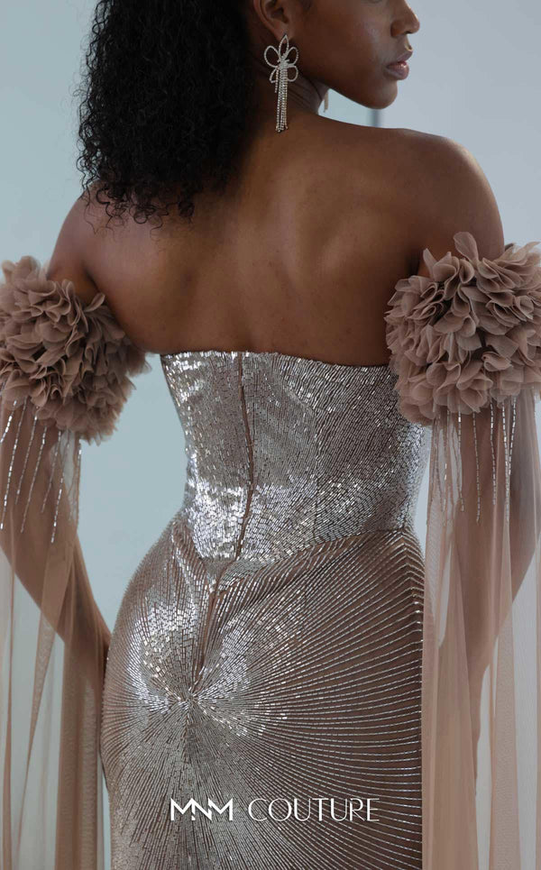 MNM Couture M1190 showcasing a fit-and-flare mermaid gown with a sweetheart neckline and removable long sleeves featuring laser-cut floral and bead details. | Couture Shop LA