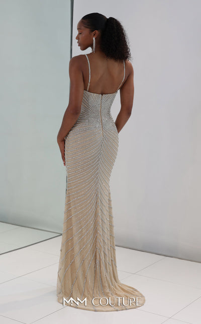 MNM Couture M1191 showcasing a form-fitting mermaid gown fully embellished with sparkling diamonds and beads, featuring a sweetheart neckline and removable sleeve. | Couture Shop LA