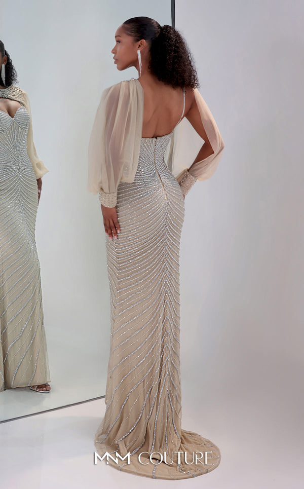 MNM Couture M1191 showcasing a form-fitting mermaid gown fully embellished with sparkling diamonds and beads, featuring a sweetheart neckline and removable sleeve. | Couture Shop LA