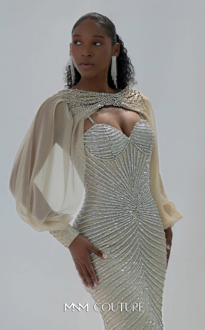 MNM Couture M1191 showcasing a form-fitting mermaid gown fully embellished with sparkling diamonds and beads, featuring a sweetheart neckline and removable sleeve. | Couture Shop LA