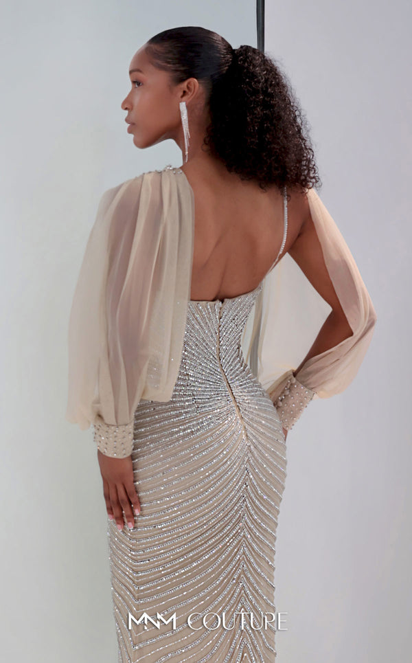 MNM Couture M1191 showcasing a form-fitting mermaid gown fully embellished with sparkling diamonds and beads, featuring a sweetheart neckline and removable sleeve. | Couture Shop LA